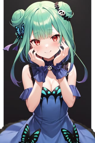 1girl, bare shoulders, colored inner hair, earrings, eyeliner, green hair, long hair, looking at viewer, low ponytail, makeup, small breasts, multicolored hair,red eyeliner, sleeveless, female_solo, red eyes, blue dress, blue hair, blue ribbon, butterfly print, cleavage cutout, clothing cutout, colored tips, detached sleeves, double bun, dress, fang, hair bun, hair ornament, hair ribbon, jewelry, skull hair ornament, ribbon, small smile,uruha rushia, hd, masterpiece, anime wallpaper, perfect hand, hands on own cheeks, hands on own face, 