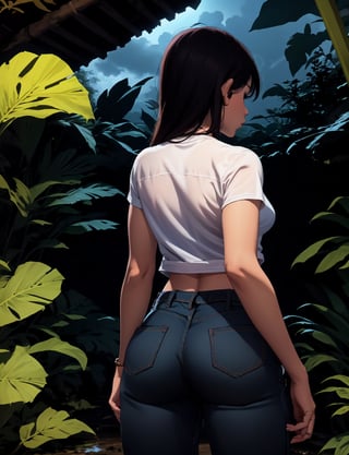 girl in pants shorts and shirt,back,nighttime ,dark sky,in jungle