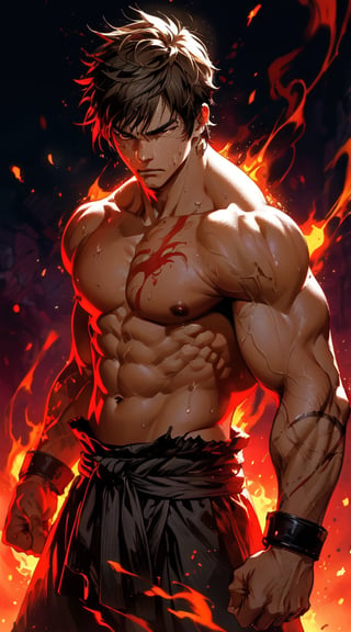 In the midst of a fiery battle arena, a muscular combatant stands strong with clenched fists and determined eyes. This dynamic scene is depicted in a vividly detailed anime illustration showcasing the intensity of the martial arts fighter. His chiseled physique glistens with sweat, his tattoos vibrant against his skin, exuding power and prowess. The artist's skill is evident in the intricate brushwork and vibrant color palette, creating a visually striking and mesmerizing image that captures the essence of strength and determination.