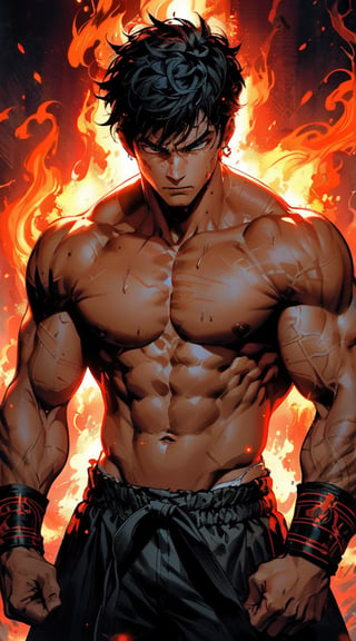 In the midst of a fiery battle arena, a muscular combatant stands strong with clenched fists and determined eyes. This dynamic scene is depicted in a vividly detailed anime illustration showcasing the intensity of the martial arts fighter. His chiseled physique glistens with sweat, his tattoos vibrant against his skin, exuding power and prowess. The artist's skill is evident in the intricate brushwork and vibrant color palette, creating a visually striking and mesmerizing image that captures the essence of strength and determination.