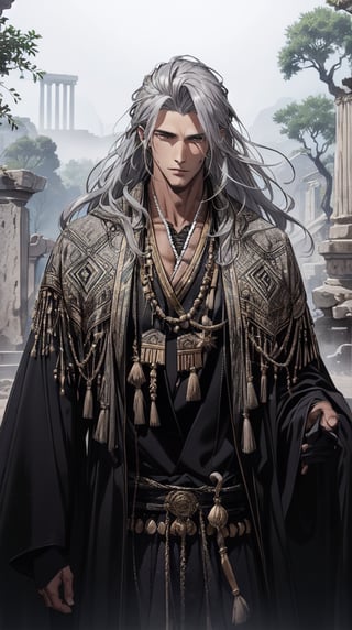 A handsome man in ancient costume wearing a black ancient robe with gray hair. very handsomw