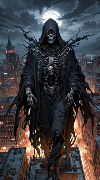 A foreboding figure of death looms over a sprawling metropolis, his skeletal form casting a chilling shadow over the city below. The Grim Reaper, cloaked in tattered black robes, is adorned with intricate, silver-embroidered symbols of mortality. In a highly detailed oil painting, the figure's hollow eyes radiate with an otherworldly glow, contrasting against the dark, stormy skies above. This hauntingly captivating image seamlessly blends the themes of life and death, drawing viewers into a macabre yet stunning interpretation of urban decay.