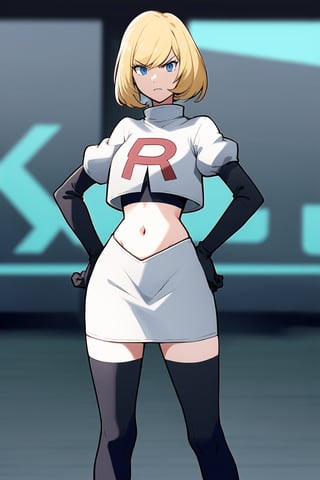 Team Rocket, cropped jacket, white jacket, crop top, jacket, gloves, black gloves, elbow gloves, navel, midriff, white skirt, miniskirt, skirt, black thighhighs, looking down at viewer,(intricately detailed, hyperdetailed), blurry background,depth of field, best quality, masterpiece, intricate details, tonemapping, sharp focus, hyper detailed, trending on Artstation,1 girl, high res, official art,hands on hips,glaring angrily,colette brunel