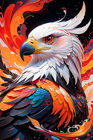 A stunning digital art piece, capturing the essence of a majestic eagle head adorned with swirling patterns of vibrant colors. The eagle's head is painted in a mesmerizing blend of neon red, orange, white, and black, creating an otherworldly and captivating effect. The fluid motions of the paint resemble liquid, as if the eagle's head is made of flowing water. The background is a deep, dark black, which starkly contrasts with the vivid hues of the paint and emphasizes the curvature of the figure. The eagle's feathers seem to twist and move in the wind, further highlighting the fluidity and life of the artwork.