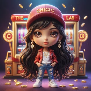 A striking 3D digital illustration of Chibi, the chic casino enthusiast, confidently posing in front of a dazzling neon-lit slot machine. Her long black hair with white highlights flows elegantly around her face, accentuating her focused expression. Chibi dons a trendy lilac cap with the Flor logo, featuring shiny gold letters and sparkling diamonds. She wears a red "las unicas" blouse, designer jeans, a gold Blogger watch, and eye-catching statement earrings. Urban-style sneakers complete her outfit, seamlessly merging fashion and functionality. The dark fantasy-inspired scene, captivating poster, and 3D rendering create an immersive and fashionable atmosphere, blending vibrant colors with striking design elements., photo, dark fantasy, vibrant, typography, 3d render, illustration, fashion