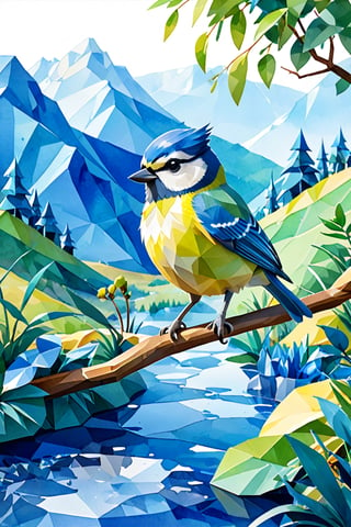 low poly watercolor nature illustration of blue tit in the landscape