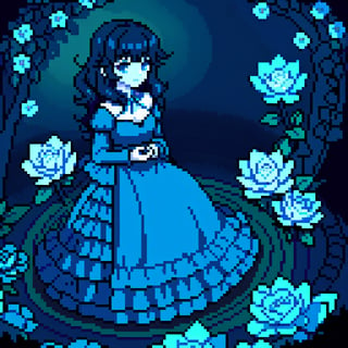 In the heart of an enchanted garden, a woman with cascading curls of midnight black tends to the flowers with gentle care. Her skin is as pale as the petals she lovingly tends, and she wears a simple dress of azure blue, tied with a sash of silver that glimmers in the sunlight.