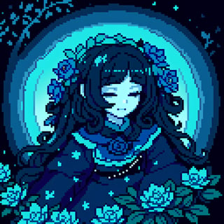 In the heart of an enchanted garden, a woman with cascading curls of midnight black tends to the flowers with gentle care. Her skin is as pale as the petals she lovingly tends, and she wears a simple dress of azure blue, tied with a sash of silver that glimmers in the sunlight.