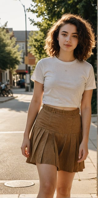 A 21-year-old woman walks confidently outside on a sun-kissed day. The camera captures her from the side and rear views, showcasing the skirt's texture and the way it hugs her curves. Earthy tones dominate the frame, with warm lighting casting a flattering glow. Her figure is accentuated by the cinematic composition, wearing a t-shirt and shorts pant with a guitar 