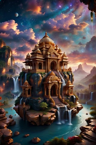  3d indian palace on a floating rock in space, waterfalls, dramatic clouds, intricate details, dramatic scenery, tilt shift, golden hour, rich colours