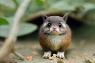 Animal, solo, Take shelter from the rain, outdoors, blurry, cute, little animal, Personification, no humans, depth of field, hiding under leaf, rain, water drop, realistic, animal focus,Macro photography,Raw photo,Realistic,Wild Life,Animal Photography,aodai