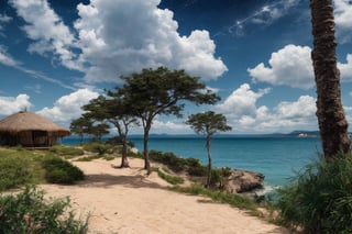 outdoor, sky, day, clouds, water, trees, blue sky, no humans, ocean, beach, thatch, landscape, sand, coast, original photos, realistic, photography,fine art,night sky,