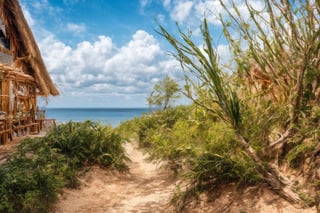 outdoor, sky, day, clouds, water, trees, blue sky, no humans, ocean, beach, thatch, landscape, sand, coast,
macro photography, original photos, realistic, photography,