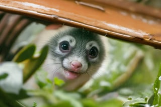 Animal, solo, Take shelter from the rain, outdoors, blurry, cute, little animal, Personification, no humans, depth of field, hiding under leaf, rain, water drop, realistic, animal focus,Macro photography,Raw photo,Realistic,Wild Life,Animal Photography,aodai