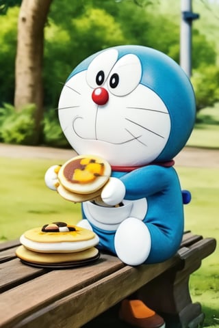 1 Doraemon, moved, sitting on the bench, eating an dorayaki, background is beautiful park and blurred, smooth, realistic, foodstyle, slight photography, detalied_background, high quality, realistic, real_life