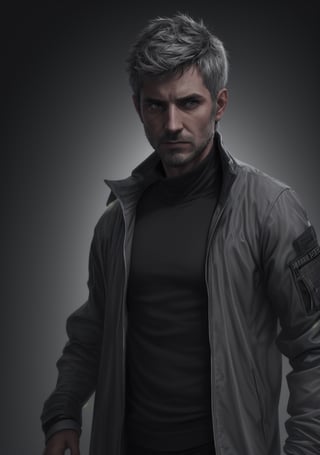 wizard, kind, jacket,
silver short hair, short stubble,
sophisticated , low-key, rugged, masculine,Pectoral Focus,dark_techwear,