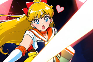 signature pose of sailor venus, sailor venus makes up, open her mouth big, midnight of school classroom, masterpiece, best quality, high resolution, unity 8k wallpaper, beautiful detailed eyes, extremely detailed face, perfect lighting, extremely detailed CG, perfect hands, perfect anatomy sv1, orange skirt, elbow gloves, tiara, pleated skirt, miniskirt, red bow, orange choker, white gloves, jewelry, blond long hair , hair tied back, made into a ponytail, bow, brooch, choker, earrings, elbow gloves, gloves, heart, heart brooch, sailor collar, skirt, pleated skirt, sailor collar, sailor senshi uniform, skirt, stud earrings, white gloves angry. glaring up, twinkle in the eyes, hero pose, fighting alone, aavenus, crescent beam!