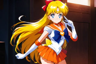 signature pose of sailor venus, midnight of school classroom, masterpiece, best quality, high resolution, unity 8k wallpaper, beautiful detailed eyes, extremely detailed face, perfect lighting, extremely detailed CG, perfect hands, perfect anatomy

 sv1, orange skirt, elbow gloves, tiara, pleated skirt, miniskirt, red bow, orange choker, white gloves, jewelry

bow, brooch, choker, earrings, elbow gloves, gloves, heart, heart brooch, sailor collar, skirt, pleated skirt, sailor collar, sailor senshi uniform, skirt, stud earrings, white gloves

smiling, twinkle in the eyes, hero pose, straight legs to sides,aavenus