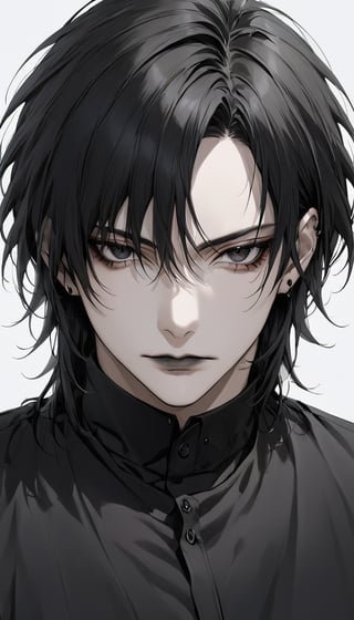 A solo male figure, dressed in a crisp collared black shirt, gazes directly at the viewer with piercing black eyes and sealed lips. His raven-black hair falls subtly to one side, against a clean white background that accentuates his striking features. A timeless, realistic portrait that exudes confidence and introspection.