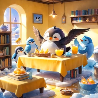 masterpiece, bestquality, illustration, watercolor,



animals , (fluffy:1.5),
2 fluffy penguin, talking, in the ice room, ice table,
sit on ice chairs, 

Warm color lighting in the room,

yellow table cloth, juice, straw, sweets on a plate, pot, tea cup,

Books, bookshelf, lamp, basket, small shelf, stuffed fish,

bird wings, No arms, use wings like arms,
cartoon, cute, fancy, putite, 

focus animal,
Xxmix_Catecat,Anime,hentai,More Reasonable Details