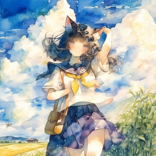 ,watercolor \(medium\),masterpiece, best quality, , girl ,belly button
,Black short-sleeved sailor suit with a yellow lined collar and short hem, black skirt,
yellow tie fluttering in the wind,
,nekomimi ,cat ears,
, , straight Long hair fluttering in the wind,, smile, open eyes, 
,thin student leather bag
, Japanese countryside rice field road ,
,Cumulonimbus clouds in a sunny summer sky
, ,walking ,scenery