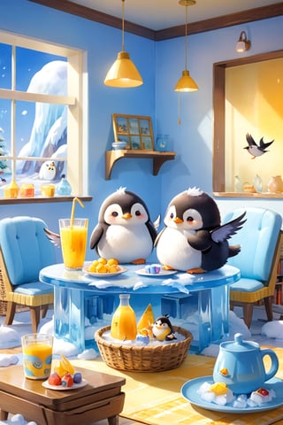 masterpiece, bestquality, illustration, watercolor,



animals , (fluffy:1.5),
2 fluffy penguin talking in the ice room,
on table, 

Ice chairs, ice table, yellow table sheet, juice, straw, sweets on a plate, pot, tea cup,

Books, bookshelf, lamp, basket, small shelf, stuffed fish,

bird wings,
cartoon, cute, fancy, putite, 

focus animal,
Xxmix_Catecat,Anime,hentai,More Reasonable Details