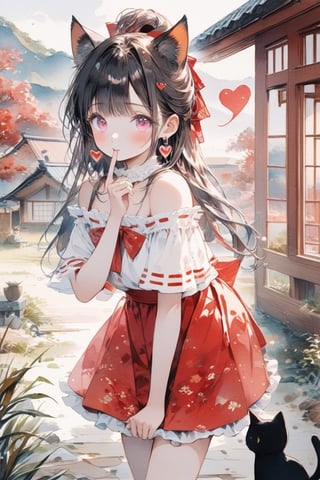 Masterpiece, beautiful details, perfect focus, uniform 8K wallpaper, high resolution, exquisite texture in every detail, one girl, solo, long hair, looking at the viewer, blush, bangs, skirt, simple background, shirt, black hair, bow, jewelry , dress, updo, cowboy shot, ruffled skirt, off-shoulder dress, earrings, pink eyes, clear eyes, leaning forward, , fingers to mouth, heart\(\symbol\)\,cute comic,Chibi,watercolor \(medium\),scenery

,((black cat ear))

, hip shift ,  ,the porch of a house in the Japanese countryside,scenery ,play with cats