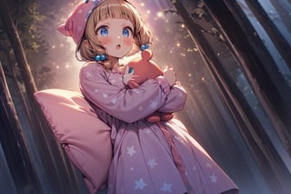 masterpiece, best quality, ultra-detailed, score_9, score_8_up, score_7_up, 

sakura nene, 1girl, solo, blush, smile, short hair, , bangs, blue eyes, blonde hair, brown hair, shirt, hair ornament, twintails, , collarbone,  blunt bangs,  hair bobbles , 

 , :o,

in the forest, star print,pastel pink Pajamas, pastel pink nightcap, holding the arms of a stuffed animal, hugging a pillow, scared, dark forest, some balls of light floating,

waking, look away,

moonlight, It's dark around here,

, (((shot from far away,shot from below, full body))),
