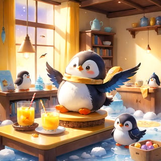 masterpiece, bestquality, illustration, watercolor,



animals , (fluffy:1.5),
2 fluffy penguin, talking, in the ice room, ice low table,
stand by the table,

Warm color lighting in the room,

yellow table cloth, juice, straw, sweets on a plate, pot, tea cup,

Books, bookshelf, lamp, basket, small shelf, stuffed fish,

bird wings, No arms, use wings like arms,
cartoon, cute, fancy, putite, 

focus animal,
Xxmix_Catecat,Anime,hentai,More Reasonable Details