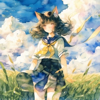 ,watercolor \(medium\),masterpiece, best quality, , girl ,belly button
,Black short-sleeved sailor suit with a yellow lined collar and short hem, black skirt,
yellow tie fluttering in the wind,
,nekomimi ,cat ears,
, , straight Long hair fluttering in the wind,, smile, open eyes, 
,thin student leather bag
, Japanese countryside rice field road ,
,Cumulonimbus clouds in a sunny summer sky
, ,walking ,scenery