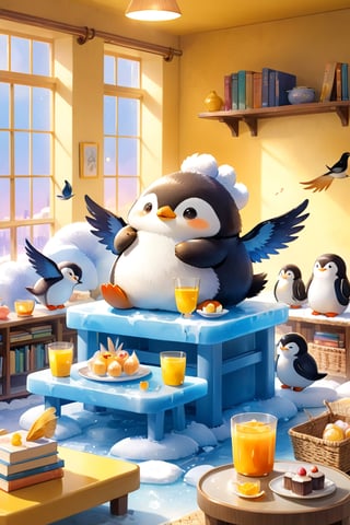 masterpiece, bestquality, illustration, watercolor,



animals , (fluffy:1.5),
2 fluffy penguin, talking, in the ice room, ice table,
sit on ice chairs, 

Warm color lighting in the room,

yellow table cloth, juice, straw, sweets on a plate, pot, tea cup,

Books, bookshelf, lamp, basket, small shelf, stuffed fish,

bird wings, No arms, use wings like arms,
cartoon, cute, fancy, putite, 

focus animal,
Xxmix_Catecat,Anime,hentai,More Reasonable Details