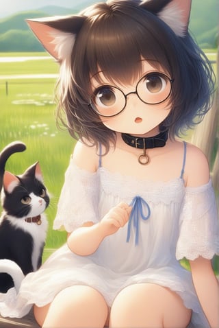 beautiful details, uniform 8K wallpaper, high resolution, exquisite texture in every detail,  beautiful illustration,manga touch

1girl, ((high school-age girl)), shyness,
look at viewer, cowboy shot,
summer, japanese countryside, in lakeside,
white Summer-like camisole dress , blue line ribbon, lots of lace,

((nekomimi)),Cat ears the same color as her hair,
short hair, open mouth, (glasses), round eyes, cat collar, , black hair, small mouth,

sitting, in the park, play with cats,


nekomimimeganekao