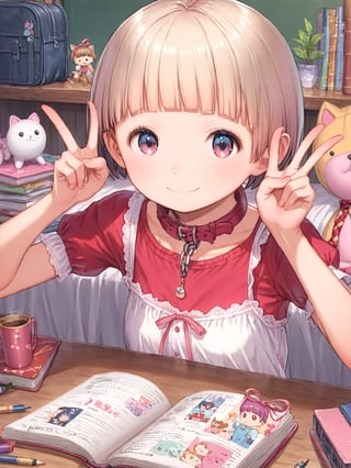 anime style, 
best quality, 8k, ultra-detailed, score_9, 
perfect hands,

1 girl, solo,
sakura nene, short hair, (very short bangs:3.0), low short twintails, light blonde hair, thin short eyebrows, blue eyes, hair bobbles, 

(((cute and round face))), big eyes, (((open eyes))), big eyeballs, anime style,

((flat chest)), summer like camisole, ruffle mini skart, pink lace ribbon, lots of lace, 

red randoseru, Stuffed animals, notebooks, textbooks, pencil cases, manga books, notebooks, japanese kid's red school bag,

cat collar on long  chain, 

in the girl's room,

M-shaped sitting, sit on bed, 
hands in peace sign, double peace sign, 
smile, :),

looking at viewer,
upper body, from front, busty, 

