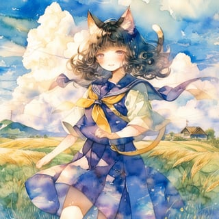 ,watercolor \(medium\),masterpiece, best quality, , girl ,belly button
,Black short-sleeved sailor suit with a yellow lined collar and short hem, black skirt,
yellow tie fluttering in the wind,
,nekomimi ,cat ears,
, , straight Long hair fluttering in the wind,, smile, open eyes, 
,thin student leather bag
, Japanese countryside rice field road ,
,Cumulonimbus clouds in a sunny summer sky
, ,walking ,scenery