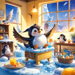 masterpiece, bestquality, illustration, watercolor,



animals , (fluffy:1.5),
2 fluffy penguin talking in the ice room,
on chair, 

Warm color lighting in the room,

Ice chairs, ice table, yellow table sheet, juice, straw, sweets on a plate, pot, tea cup,

Books, bookshelf, lamp, basket, small shelf, stuffed fish,

bird wings, No arms, use wings like arms,
cartoon, cute, fancy, putite, 

focus animal,
Xxmix_Catecat,Anime,hentai,More Reasonable Details