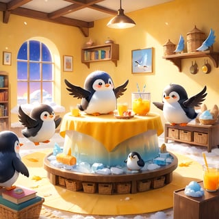 masterpiece, bestquality, illustration, watercolor,



animals , (fluffy:1.5),
3 fluffy penguins, talking, in the ice room, ice low table,
stand by the table,

Warm color lighting in the room,

yellow table cloth, juice, straw, sweets on a plate, pot, tea cup,

Books, bookshelf, lamp, basket, small shelf, stuffed fish,

bird wings, No arms, use wings like arms,
cartoon, cute, fancy, putite, 

focus animal,
Xxmix_Catecat,Anime,hentai,More Reasonable Details