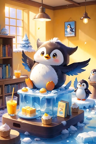 masterpiece, bestquality, illustration, watercolor,



animals , (fluffy:1.5),
2 fluffy penguin, talking, in the ice room, ice table,
sit on ice chairs, stand by the table,

Warm color lighting in the room,

yellow table cloth, juice, straw, sweets on a plate, pot, tea cup,

Books, bookshelf, lamp, basket, small shelf, stuffed fish,

bird wings, No arms, use wings like arms,
cartoon, cute, fancy, putite, 

focus animal,
Xxmix_Catecat,Anime,hentai,More Reasonable Details