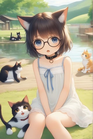 beautiful details, uniform 8K wallpaper, high resolution, exquisite texture in every detail,  beautiful illustration,manga touch

1girl, ((high school-age girl)), shyness,
look at viewer, cowboy shot,
summer, japanese countryside, in lakeside,
white Summer-like camisole dress , blue line ribbon, lots of lace,

((nekomimi)),Cat ears the same color as her hair,
short hair, open mouth, (glasses), round eyes, cat collar, , black hair, small mouth,

sitting, in the park, play with cats,


nekomimimeganekao