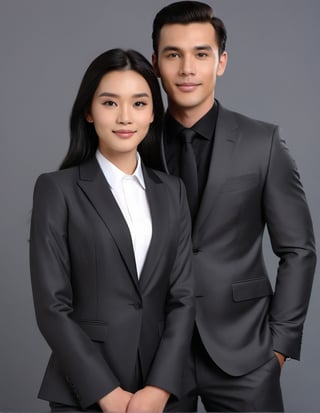 a man and girl  having black hair and good 4kquality suit  realistic. zoom out on her face near camera and giving pose.too near on camera professional photography
elegent, and confident .single body picture
