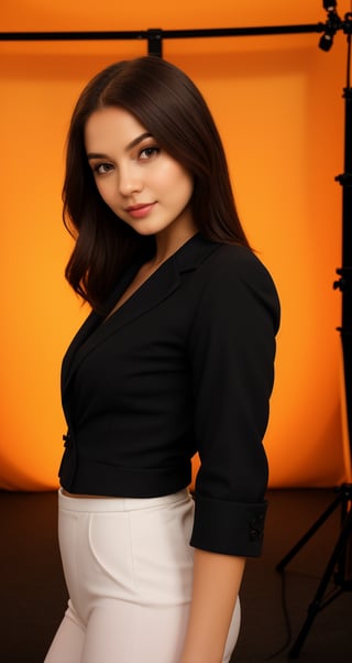 a beautiful girl wearing a black suit and giving a good pose and lighting background in studio and an ai inlfuencer and a colorful hair and pretty face and eyes pretty  more differnet pose