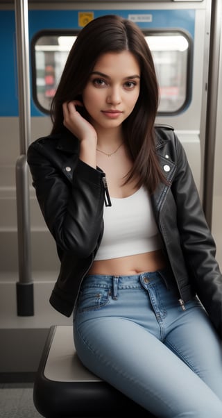 a  beautiful   girl WEAR  black leather jacket   and jeans AND   AI celebrity pose  LOOK and giving a  NEAR  CAMERA  different UNIQUE hot
 Sitting in metro POSE and lighting 
  background  and an ai inlfuencer and a colorful LONG hair and pretty face and eyes pretty .8K CLEAR,HIGH RESOLUTION CANON CAMERA IMAGE 