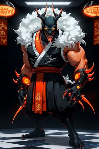 Up-roar, the orange fur covered body face, stands poised in attack mode within a sleek, high-tech Japanese-style room. The walls, adorned with neon lights, reflect off his gleaming yellow eyes, which seem to pierce through the darkness. His shaolin-inspired attire, complete with razor-sharp claws, appears almost otherworldly against the blue marble floor that glistens like a fusion of traditional and futuristic elements. orange fur body musclar body more of a human face