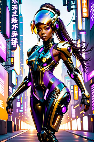 Against a clear futuristic cityscape at dusk, a Sexy black woman, approximately 31 years old, stands confidently and sultry on a run-way with lights on it. Her sleek, futuristic helmet and cyber mech suit and dark purple glowing light system and gold accentuate her urban charm. Power radiates from her features as light energy pulses through her eyes, casting a hot glow on her nice seductive frame. long flowing straight pony-tail, black and brown hair sticks out of the back of the head gear from her head for feminine style. futuristic high heels boots aglow complete the futuristic ensemble. Glowing purple eye visor,cyberpunk