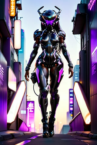 Against a clear futuristic cityscape at dusk, a Sexy black woman, approximately 31 years old, stands confidently and sultry on a run-way with lights on it. Her sleek, futuristic  cyber mech suit and dark purple glowing light system accentuate her urban charm. Power radiates from her features as light energy pulses through her eyes, casting a hot glow on her nice seductive frame. long flowing straight hair sticks out of the back of the head gear from her head for feminine style. futuristic high heels boots aglow complete the futuristic ensemble. Glowing purple eye visor