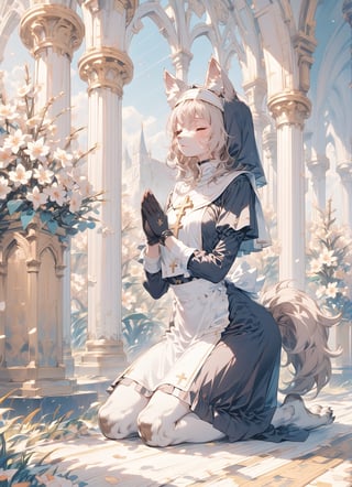 full body, furry, wolf ears, wolf tail, nun, kneeling_down, closed_eyes, pray