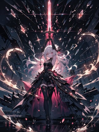 High detailed, masterpiece, perfect_eyes, A white-haired woman with well-trimmed and voluminous hair ,standing in a dynamic and powerful pose. She has pink eyes and a serious, commanding expression, wearing black clothing and has red wrist guards or accessories on her arms, holding a long_sword with a glowing red light,The background features a high contrast with red flame effects against a blue backdrop, creating a dark and intense atmosphere. The overall scene has a fantasy or dark style, filled with motion and energy