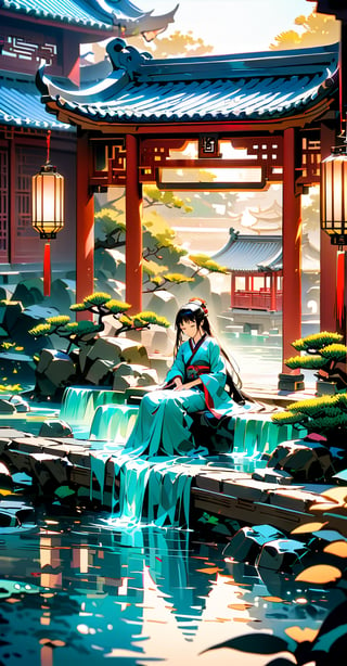 (Chinese architectural scenes, ancient style, streets, immortal worldviews.) 
A stunning portrait of 'Westen Beautiful Lady' serenely plays a Chinese instrument amidst a serene backdrop of gently flowing stream water. Most of the buildings and objects in the scene are made of jade, and the texture of the jade is photographed vividly. A soft, bright light illuminates the scene, and a shallow depth-of-field effect blurs the surroundings. The composition in the center draws attention to the delicate features of the beauty. Reminiscent of the Japanese illustration style. 1girl. solo girl.