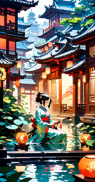 (Chinese architectural scenes, ancient style, streets, immortal worldviews.) 
A stunning portrait of 'Westen Beautiful Lady' serenely plays a Chinese instrument amidst a serene backdrop of gently flowing stream water. Most of the buildings and objects in the scene are made of jade, and the texture of the jade is photographed vividly. A soft, bright light illuminates the scene, and a shallow depth-of-field effect blurs the surroundings. The composition in the center draws attention to the delicate features of the beauty. Reminiscent of the Japanese illustration style. 1girl. solo girl.