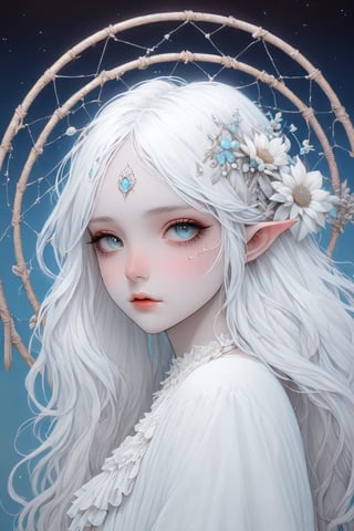 A poetic portrait in a beautiful and pure style, themed around a dreamcatcher. The illustration uses a clear, modern art style with extensive use of sky blue and pure white colors. It features an ethereal, unparalleled beauty of a young girl, capturing her delicate and otherworldly essence.

Dream Catcher, in the style of crisp neo-pop illustrations, sky-blue, nightcore, trompe-l'œil illusionistic detail, detailed penciling.