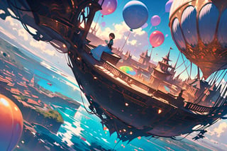 (wide-angle bird's-eye view)(airship)(An adorable pilot girl)(tea party)(above the sea)(magical balcony)
(Fantasy artwork)
Wide-angle bird's-eye view of a luxurious single-person airship with a rounded and cute design, hovering just above the sea. A magical flower-filled balcony is built atop the giant balloon. An adorable pilot girl is hosting a tea party, holding a teacup and looking at the viewer. Across from her sits a rabbit gentleman with his back to the scene. Colorful small balloons are tied to the airship. The sea below is a very clear, light blue with visible fish swimming. The water's surface reflects light beautifully. The scene combines Ghibli-style fantasy with a touch of realism, emphasizing detail and drawing inspiration from the movies 'Up' and 'Castle in the Sky'.